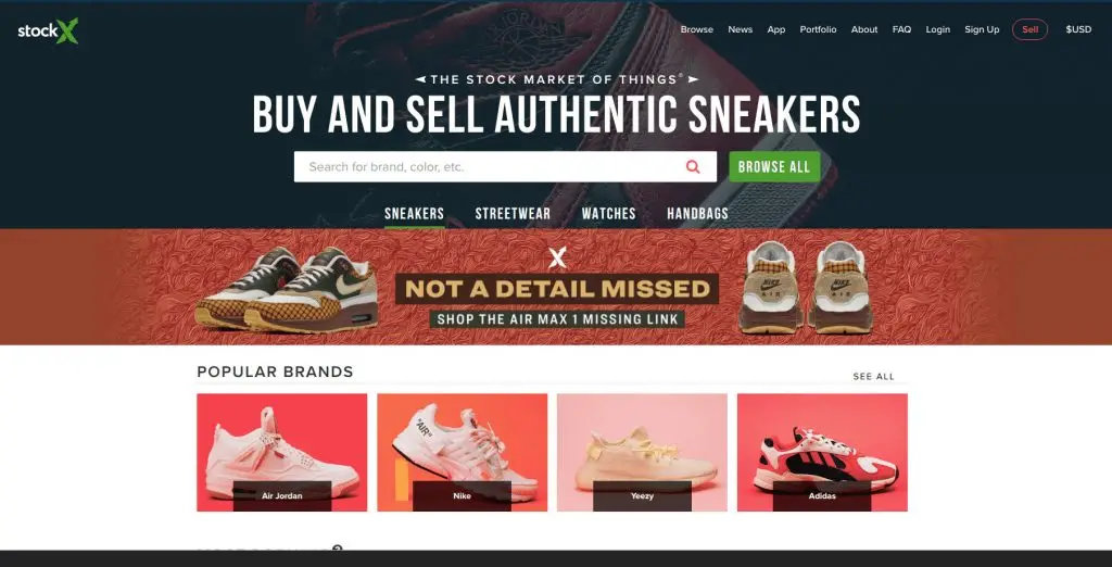 Startseite des StockX-Marktplatzes