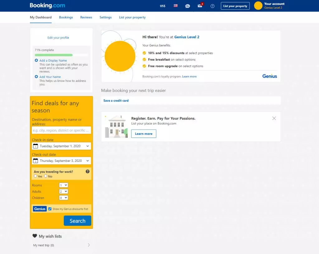 Hauptmerkmale eines Hotelbuchungssystems - Benutzerprofil und Dashboard