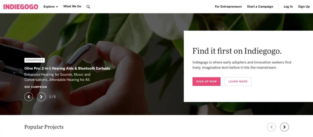 Indiegogo homepage
