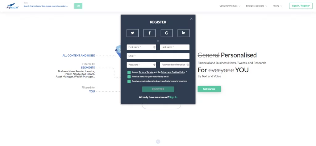 cityfalcon Anmeldung