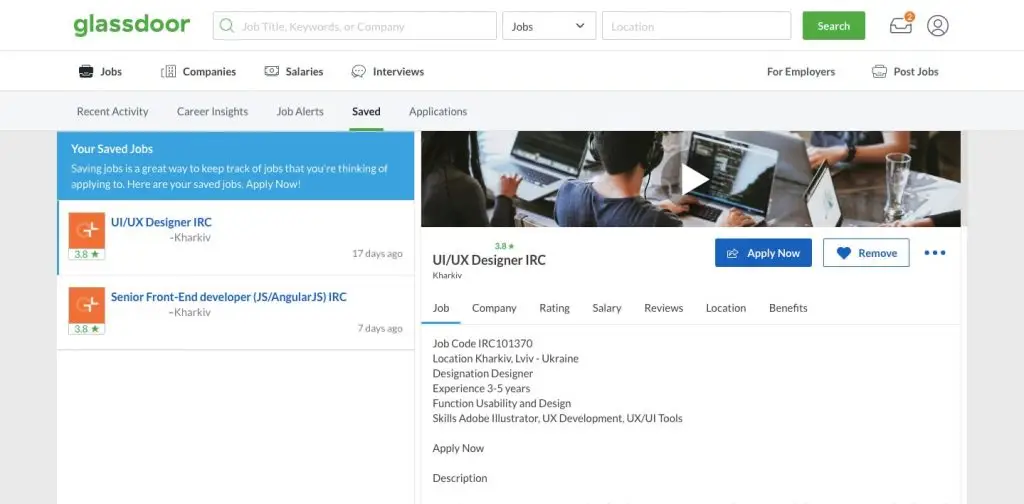 glassdoor bookmarking feature