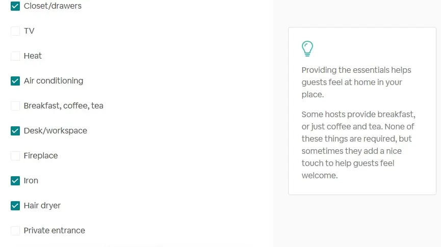 airbnb Beispiele für Annehmlichkeiten
