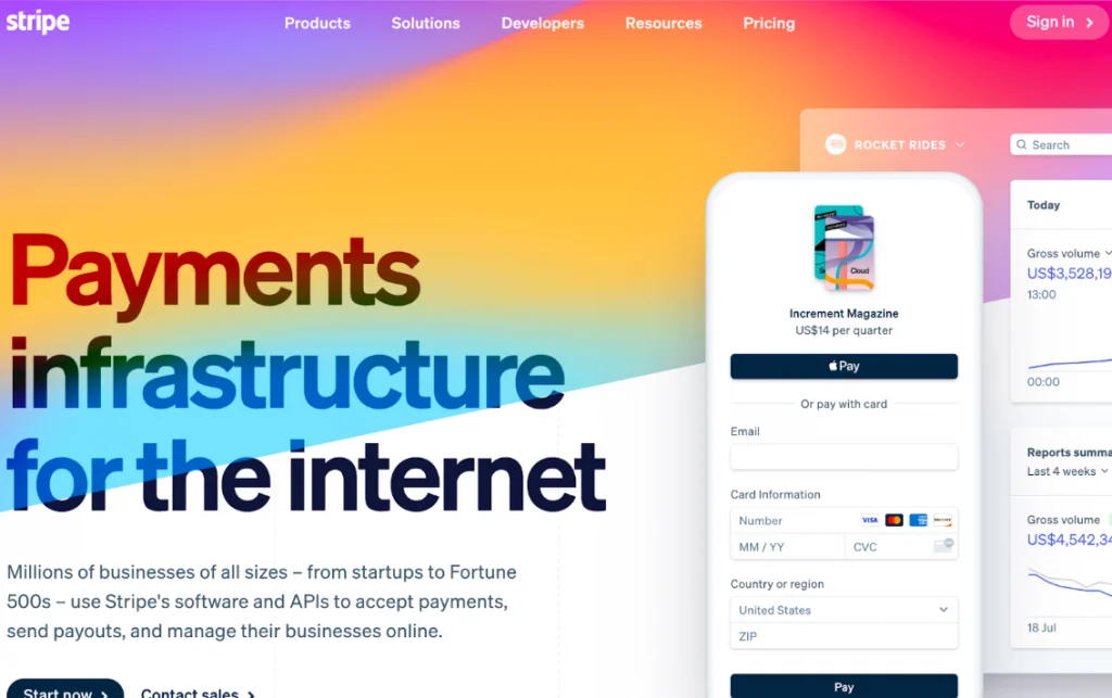 Startseite von Stripe