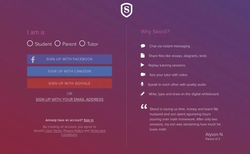 Skooli Registration Page